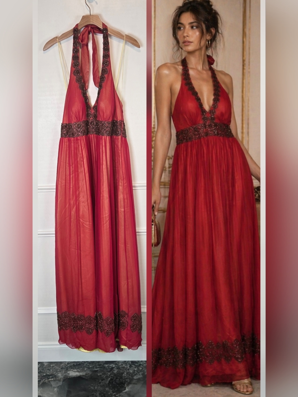 Vintage 100% Silk Beaded Y2K Halter Gown  Whimsigoth Fairy Adrianna Papell 12 LG